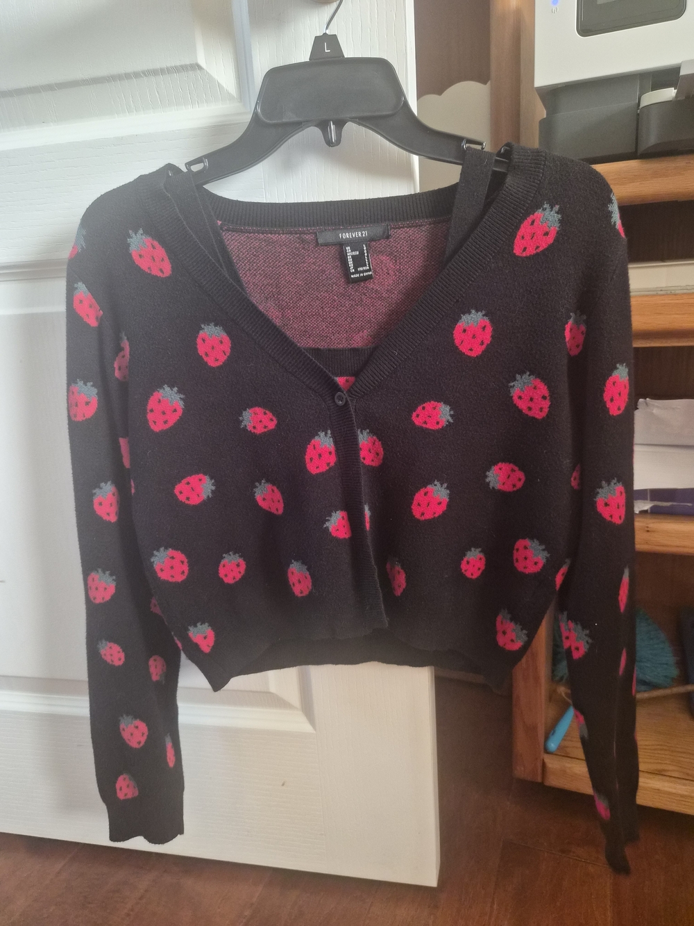 Forever 21 Black Cropped Cardigan with Pink Strawberry Print